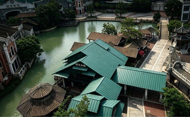 赤坎古镇戏台茶楼 YX25‑430 矮立边铝镁锰屋面全景工程实景 江门赤坎古镇文旅项目 25‑430 矮立边铝镁锰屋面木结构屋面完工全景