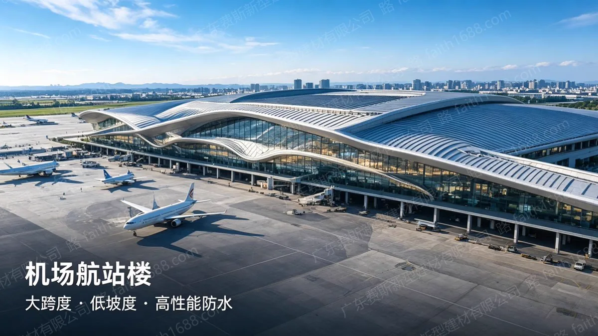 机场航站楼,大跨度、低坡度、高性能防水。